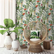 Load image into Gallery viewer, Wallpaper with an exquisitely hand-drawn design of exotic birds in their natural jungle habitat.