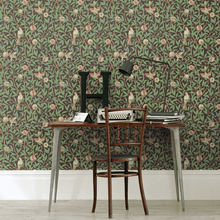 Load image into Gallery viewer, Wallpaper of a 1926 design, showing birds amongst branches of foliage and pomegranate f