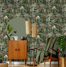 Load image into Gallery viewer, Tanzania Safari Wallpaper with elephant, zebra, giraffe, and more amongst the overgrowth of the bush
