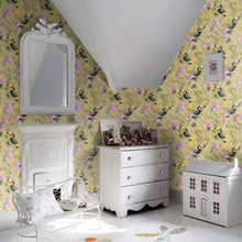Load image into Gallery viewer, Wallpaper of perching toucans amongst vibrant and flourishing leaves in a room
